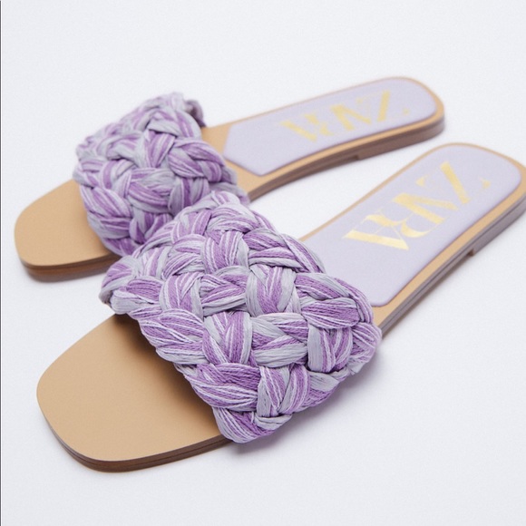 Zara Shoes - NWT’s Zara Woven Raffia Flat Lilac Sandals size 6